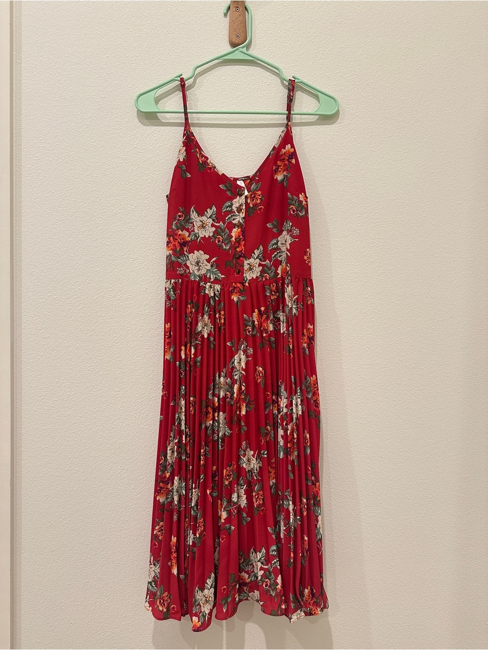 Xhilaration Red Floral Pleated Midi Dress with Spaghetti Straps